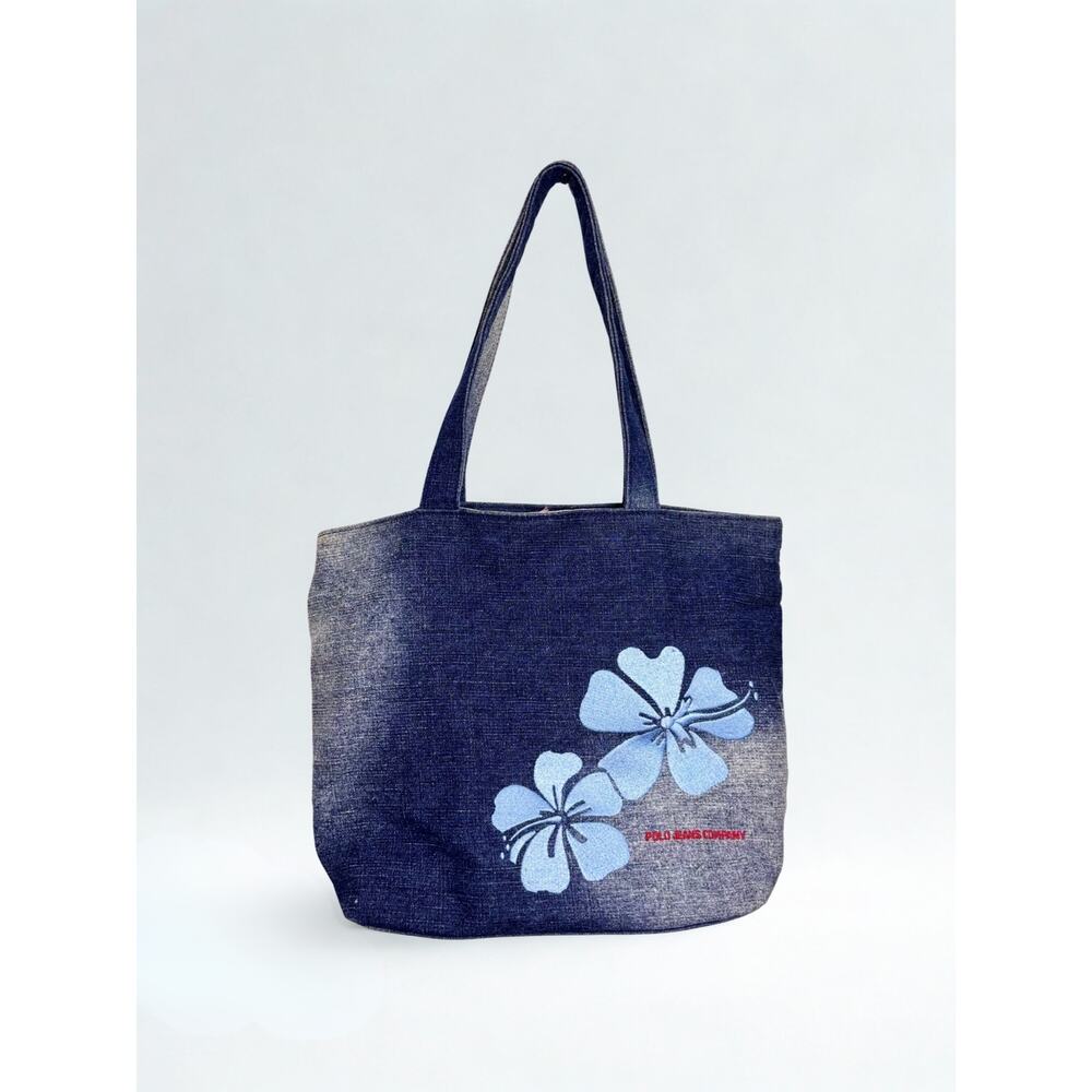 Vtg Y2K Ralph Lauren Polo Denim Tote Hibiscus Print Interior Pouch